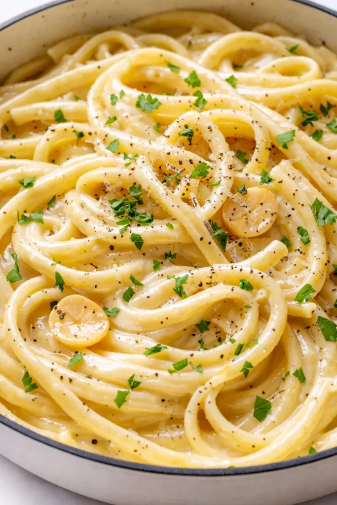 Silky twirled creamy garlic pasta in a luscious sauce that stays saucy, with visible creaminess and tender noodles.