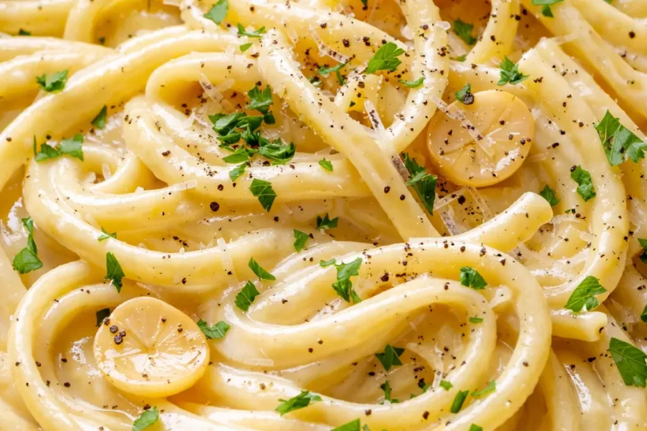 Silky twirled creamy garlic pasta in a luscious sauce that stays saucy, with visible creaminess and tender noodles.
