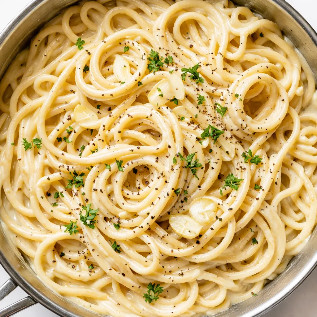 Silky one pot creamy garlic pasta with rich sauce, twirled noodles, and garlic pieces in a bowl.