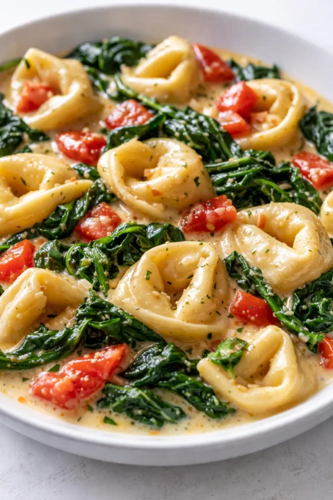 Creamy one pot spinach tomato tortellini in a white bowl, garnished with fresh basil and Parmesan, showcasing the rich sauce and tender pasta.