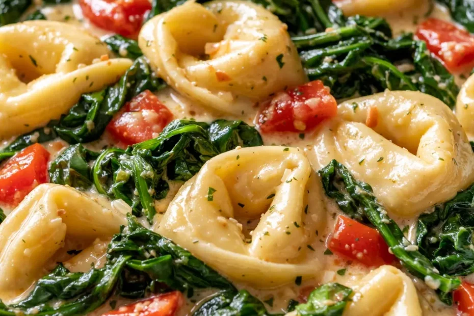 Creamy one pot spinach tomato tortellini in a white bowl, garnished with fresh basil and Parmesan, showcasing the rich sauce and tender pasta.