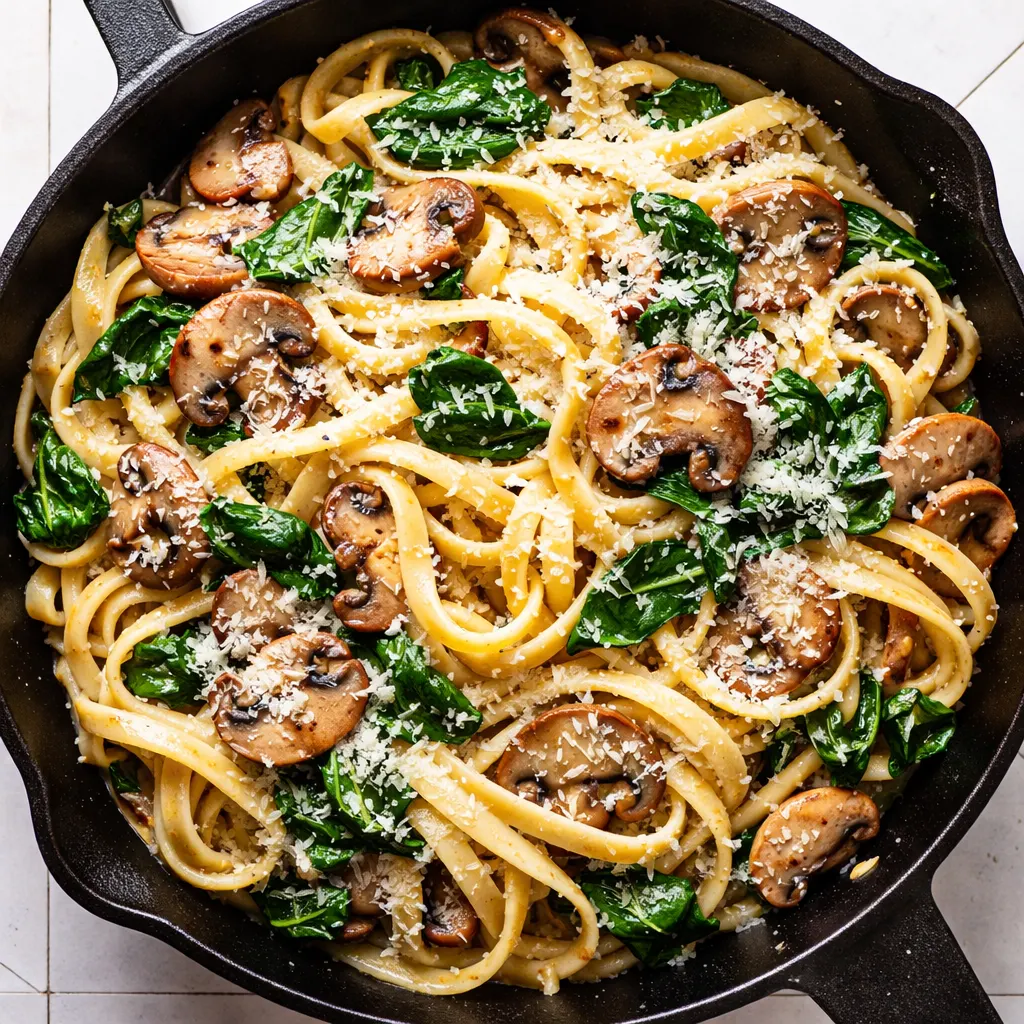Sautéed mushrooms, wilted spinach, and melted Parmesan in a one-skillet pasta, ready in 20 minutes.