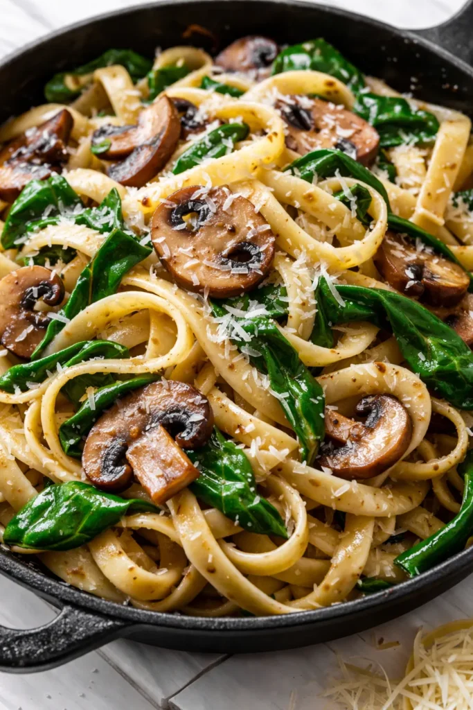 Creamy one-skillet parmesan spinach mushroom pasta with tender mushrooms and wilted spinach, ready in 20 minutes.