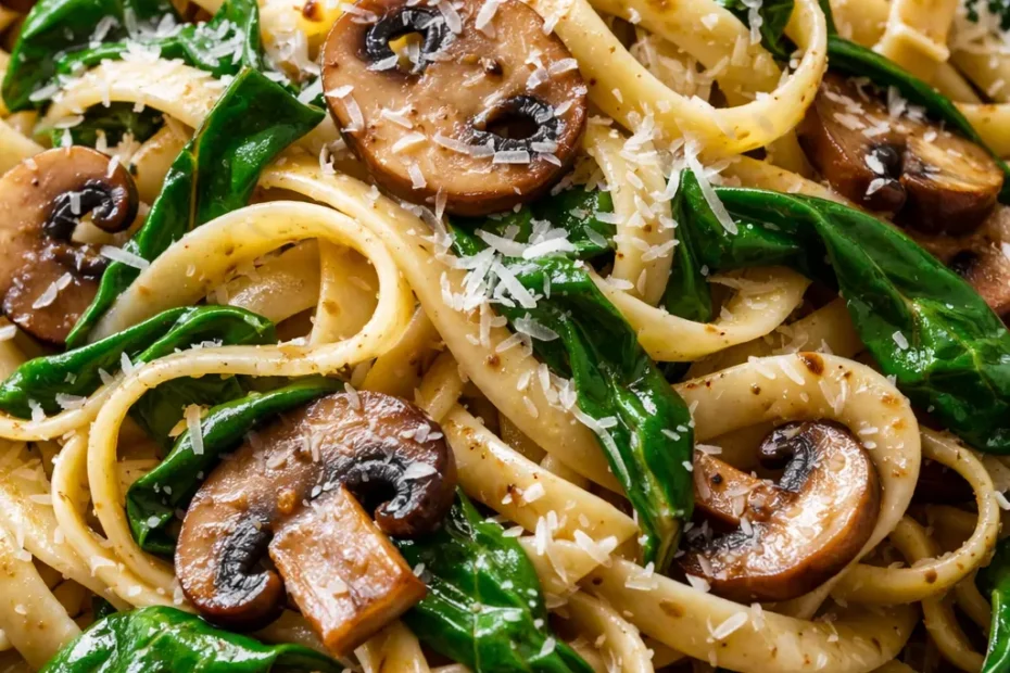 Creamy one-skillet parmesan spinach mushroom pasta with tender mushrooms and wilted spinach, ready in 20 minutes.