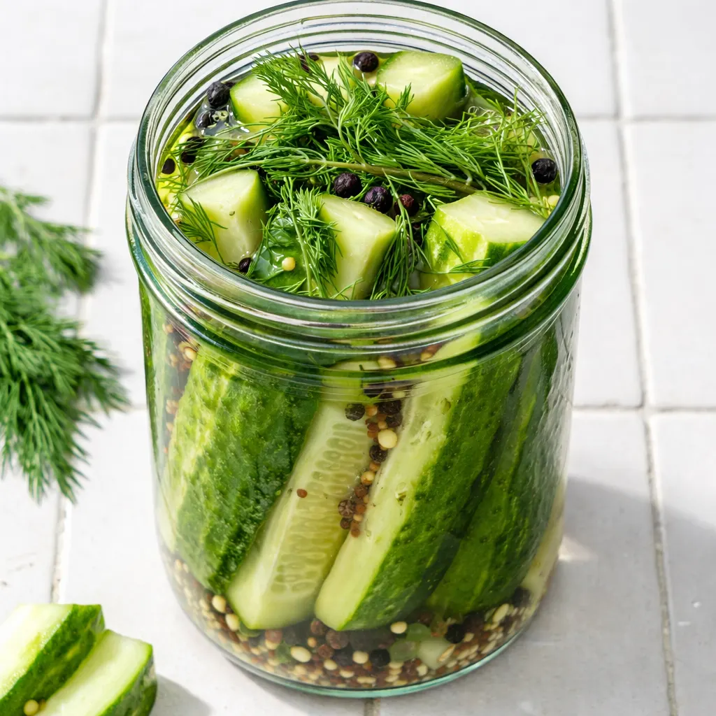 Crunchy quick refrigerator dill pickles in a glass jar with fresh dill sprigs, garlic cloves, and peppercorns in clear brine.