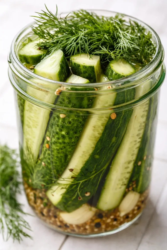 Crisp, bright green dill pickles in a glass jar with garlic cloves, fresh dill sprigs, and a clear brine.