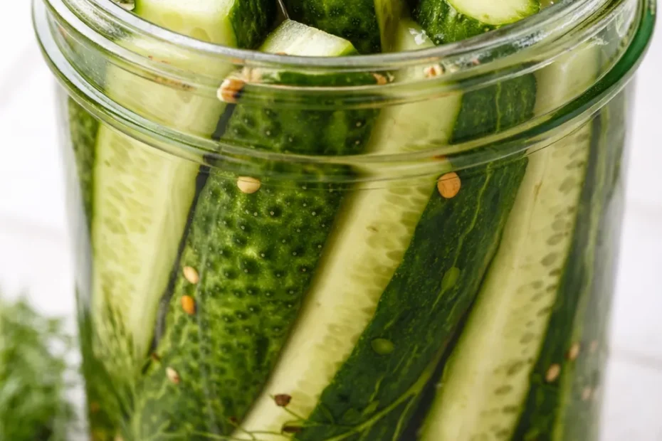 Crisp, bright green dill pickles in a glass jar with garlic cloves, fresh dill sprigs, and a clear brine.