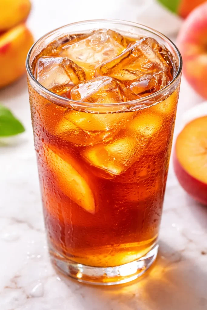 Tall glass of refreshing peach iced tea with golden amber color, peach slices, and ice cubes, garnished with mint leaves.