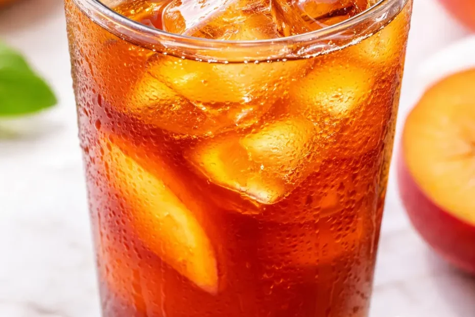 Tall glass of refreshing peach iced tea with golden amber color, peach slices, and ice cubes, garnished with mint leaves.