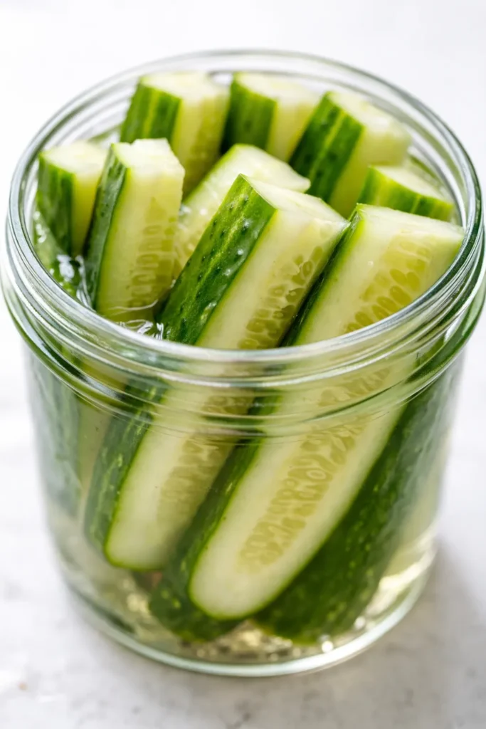 Crunchy refrigerator pickles in a mason jar with garlic and dill, bright green cucumbers and golden brine.