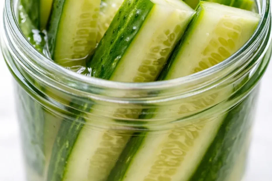 Crunchy refrigerator pickles in a mason jar with garlic and dill, bright green cucumbers and golden brine.