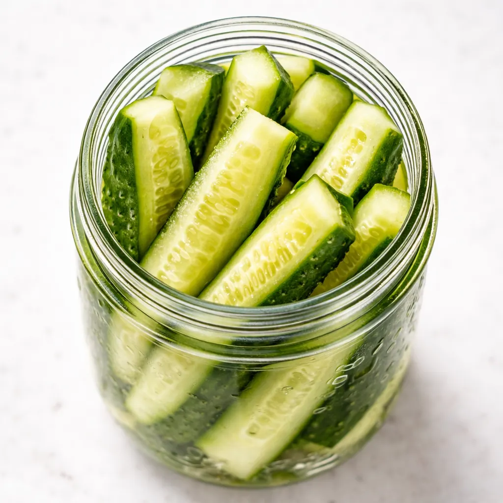 Fresh cucumber slices and garlic in a mason jar with spices, ready for brine to create crunchy refrigerator pickles.