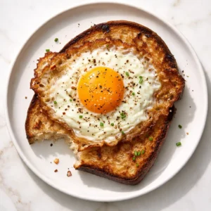 Golden brown crispy fried egg with lacy edges on toast, runny yolk spilling over, shatteringly crisp texture.