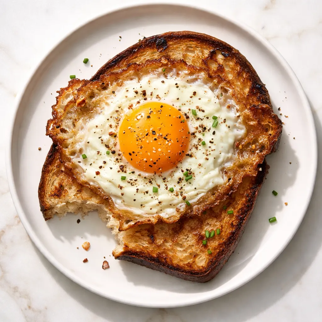 Golden brown crispy fried egg with lacy edges on toast, runny yolk spilling over, shatteringly crisp texture.