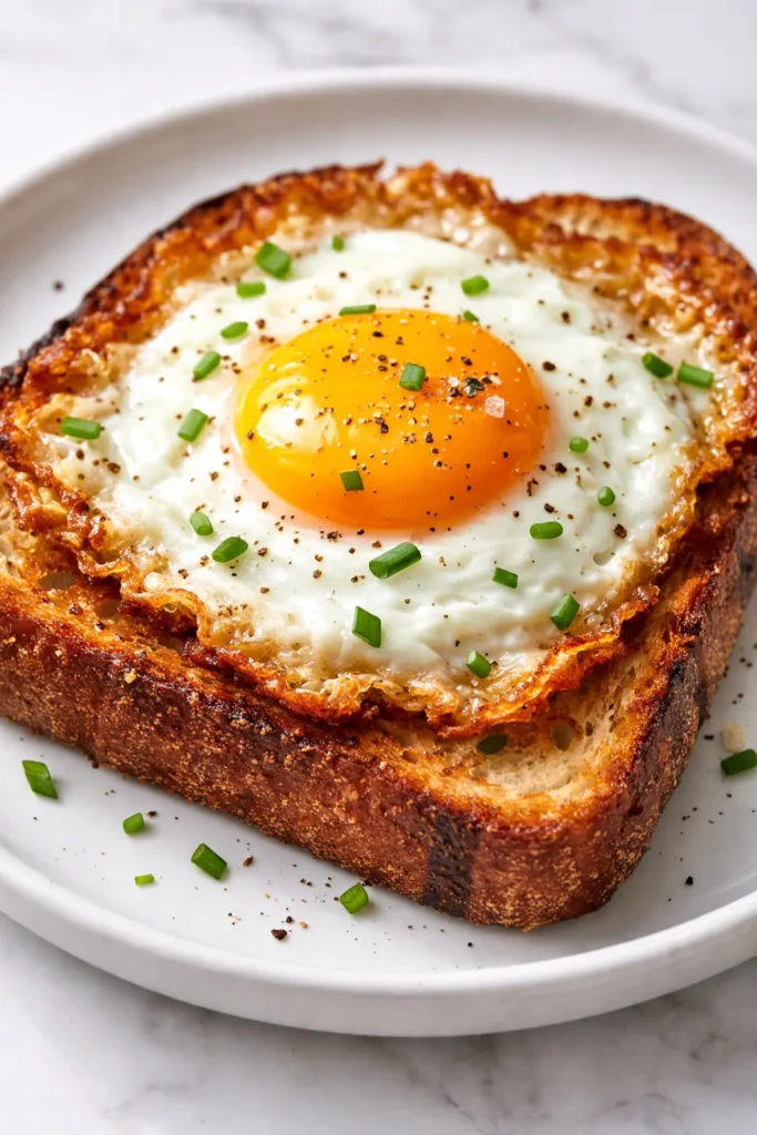 Shatteringly crispy golden egg tartine with runny yolk and lacy edges on a plate