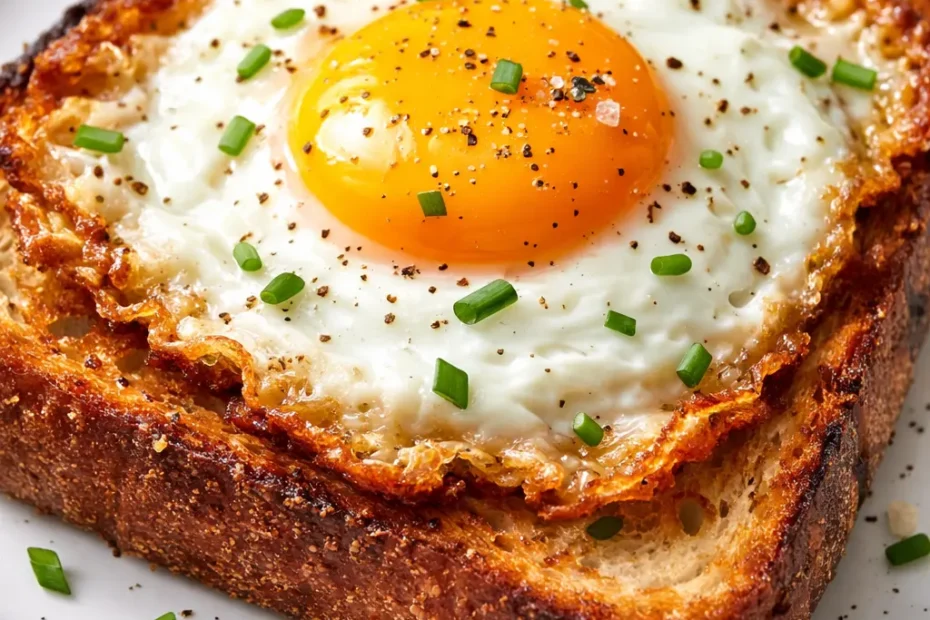 Shatteringly crispy golden egg tartine with runny yolk and lacy edges on a plate