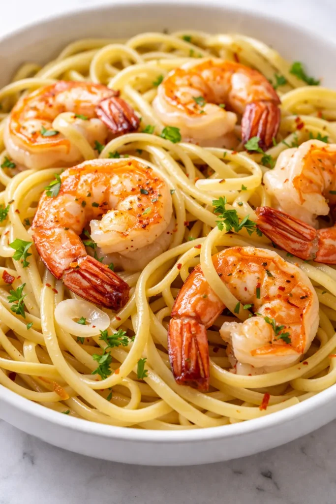 Steaming shrimp scampi linguine in a garlic butter sauce, garnished with fresh parsley and lemon wedges, golden brown shrimp atop tender pasta.