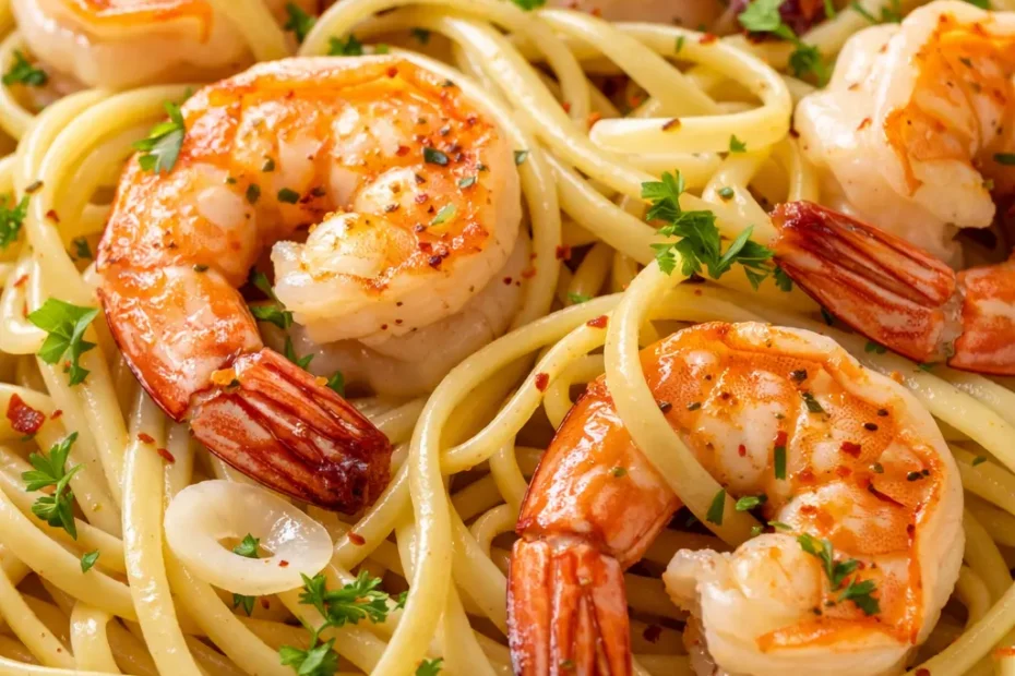 Steaming shrimp scampi linguine in a garlic butter sauce, garnished with fresh parsley and lemon wedges, golden brown shrimp atop tender pasta.