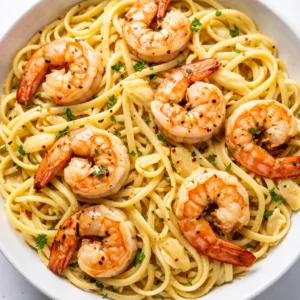 Garlic butter sauce coating plump shrimp with lemon slices and fresh parsley for restaurant-quality Shrimp Scampi Linguine.