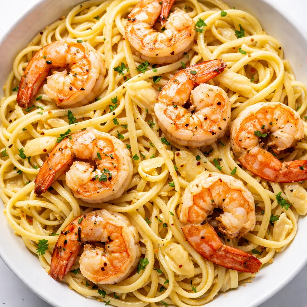 Garlic butter sauce coating plump shrimp with lemon slices and fresh parsley for restaurant-quality Shrimp Scampi Linguine.
