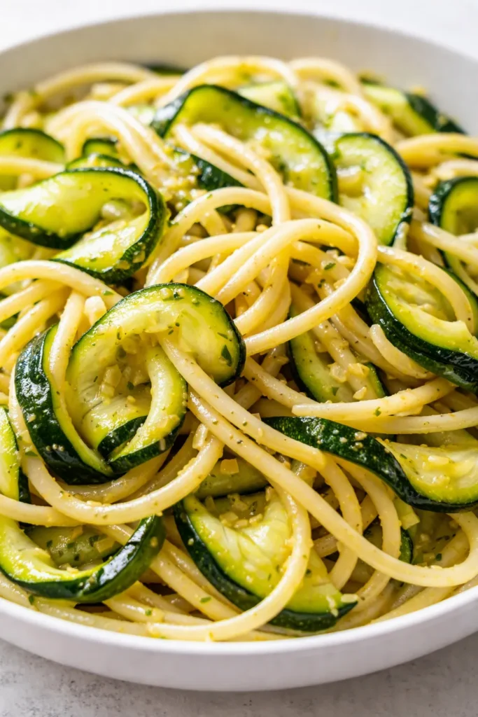 Silky zucchini lemon garlic pasta with tender green zucchini ribbons in a light creamy sauce, garnished with lemon zest and fresh herbs.