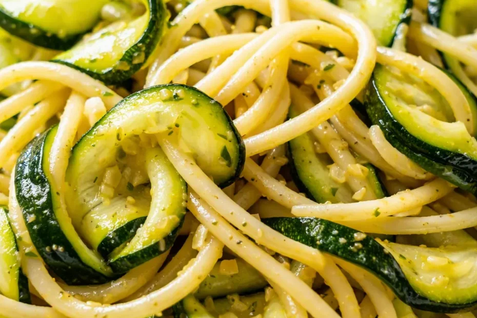 Silky zucchini lemon garlic pasta with tender green zucchini ribbons in a light creamy sauce, garnished with lemon zest and fresh herbs.