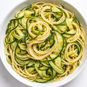 Zucchini slices sizzling in olive oil with garlic, creating a silky sauce for lemon pasta.