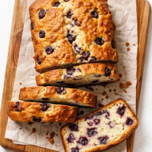 Moist sour cream blueberry bread slice with a tender crumb and visible blueberry bursts on a white plate.