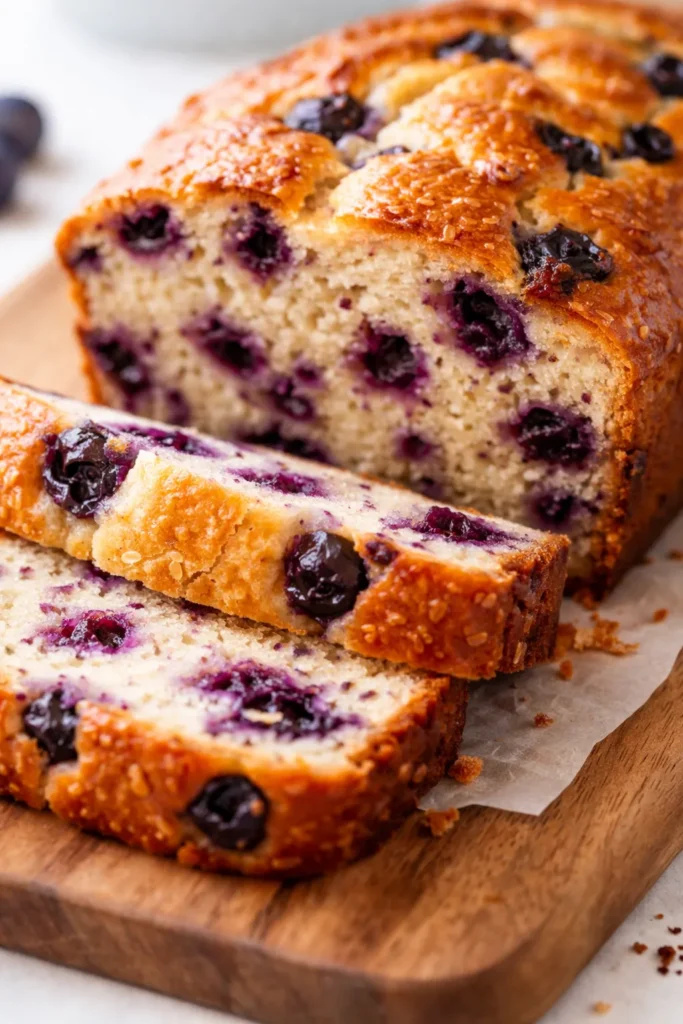 Moist sour cream blueberry bread loaf with golden crust and blueberries evenly suspended throughout.