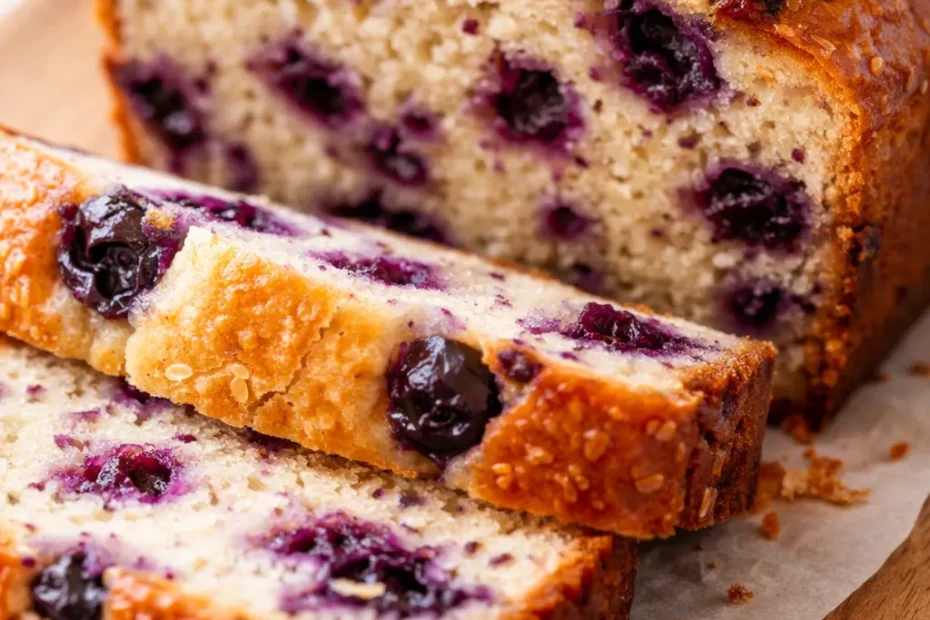 Moist sour cream blueberry bread loaf with golden crust and blueberries evenly suspended throughout.