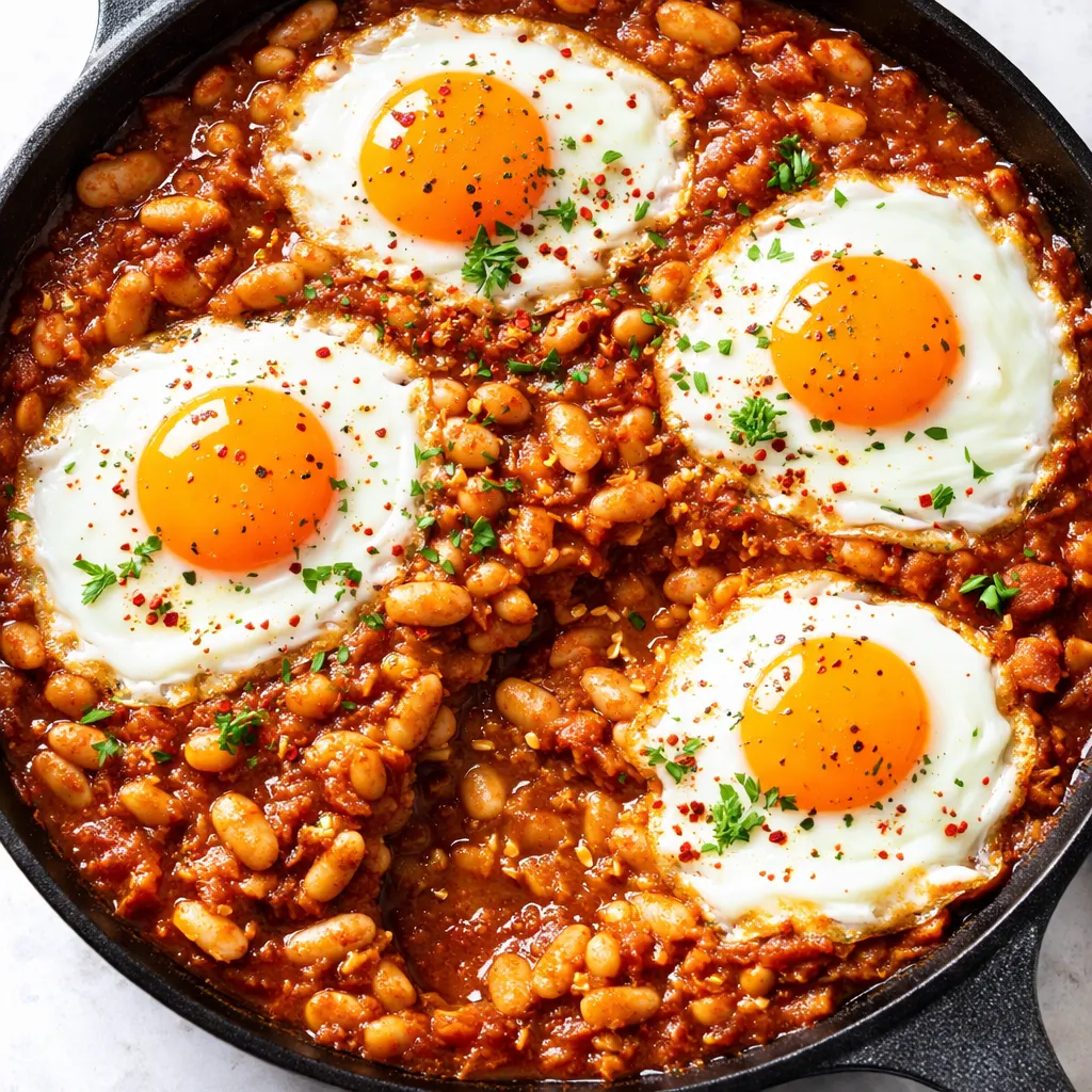 A rustic skillet of Spanish beans and eggs with creamy white beans, runny yolks, and rich tomato sauce, garnished with fresh parsley.
