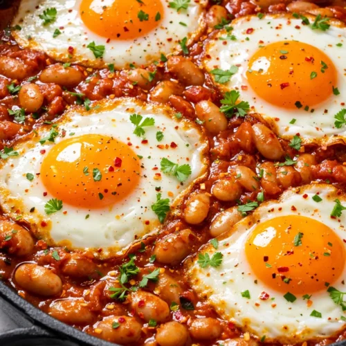 Rustic Spanish beans and eggs in a cast iron skillet, creamy white beans with rich red sofrito and perfectly fried eggs, garnished with fresh parsley.