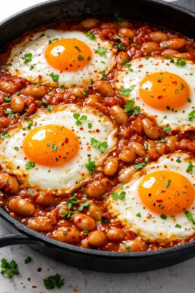 Rustic Spanish beans and eggs in a cast iron skillet, creamy white beans with rich red sofrito and perfectly fried eggs, garnished with fresh parsley.
