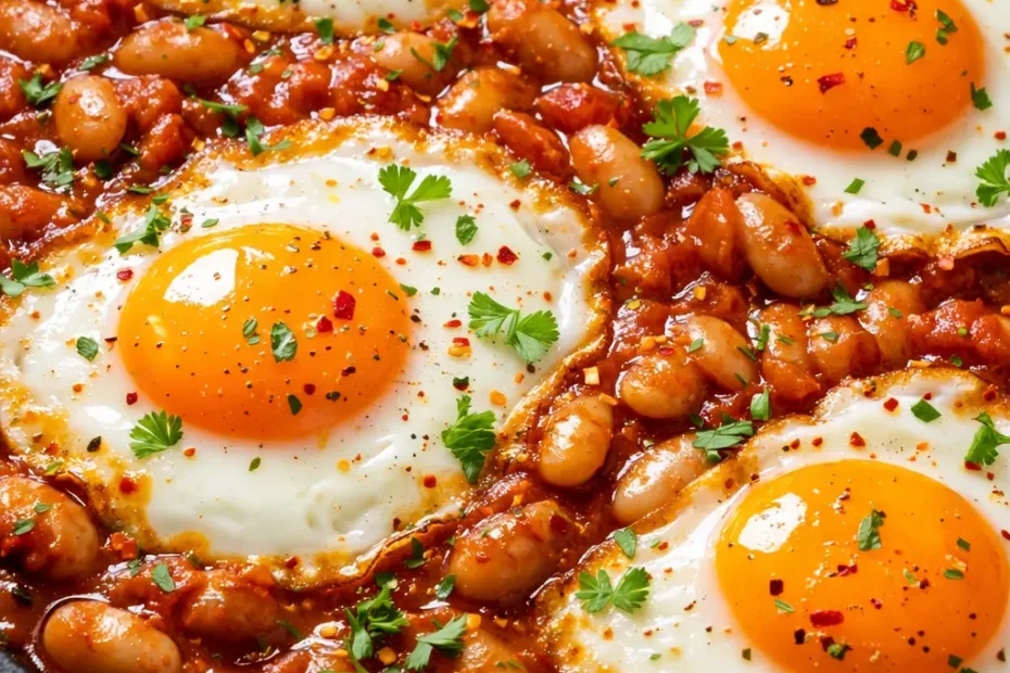 Rustic Spanish beans and eggs in a cast iron skillet, creamy white beans with rich red sofrito and perfectly fried eggs, garnished with fresh parsley.