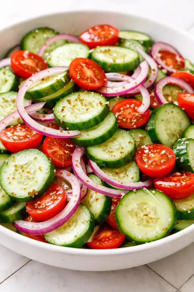 Spiced cucumber, onion, and tomato salad with crunchy fresh vegetables, colorful red and green, garnished with herbs and a tangy dressing.
