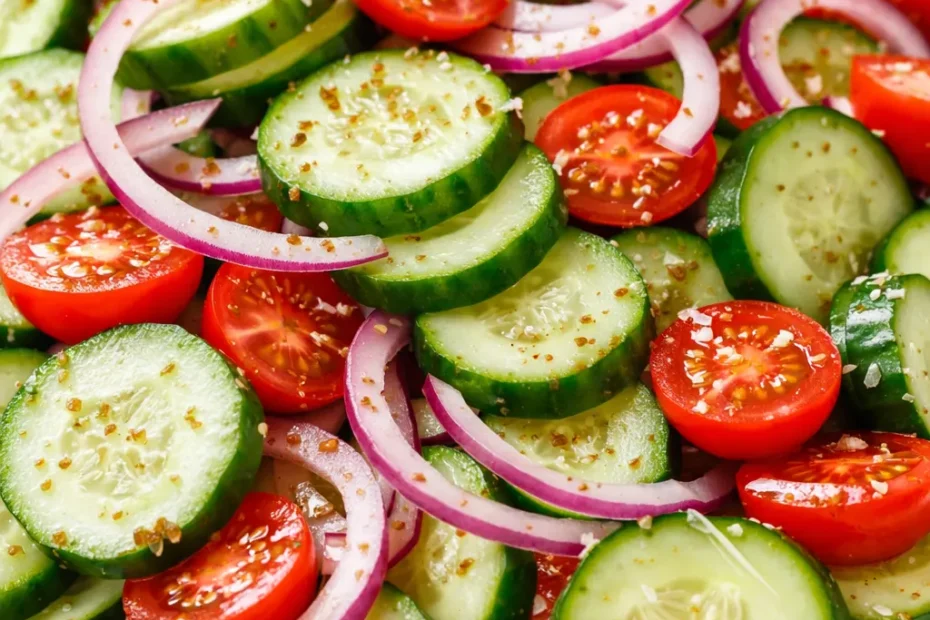 Spiced cucumber, onion, and tomato salad with crunchy fresh vegetables, colorful red and green, garnished with herbs and a tangy dressing.