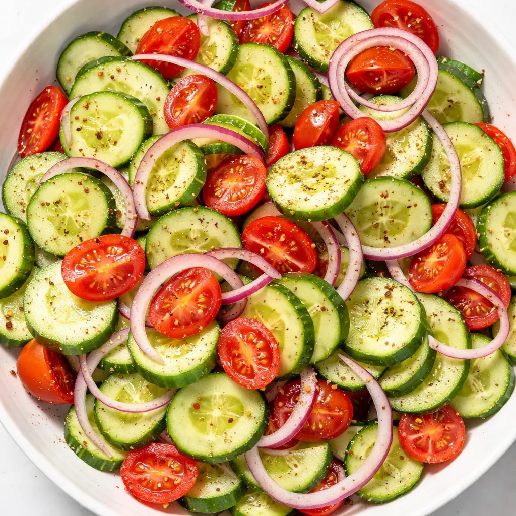 Fresh cucumber, red onion, and tomato slices tossed with spices in a wooden bowl, vibrant colors and crisp textures.