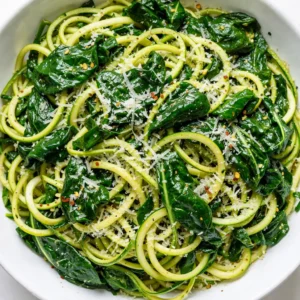 Bright green spinach and golden zucchini noodles tossed with melted Parmesan, glossy and tender but not watery.