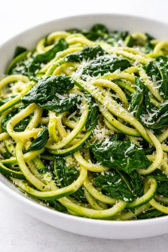 Crisp zucchini noodles with fresh spinach and melted Parmesan cheese, garnished with cracked black pepper.