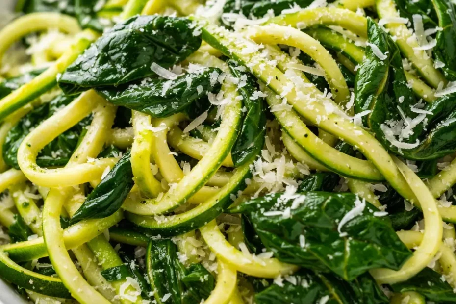 Crisp zucchini noodles with fresh spinach and melted Parmesan cheese, garnished with cracked black pepper.
