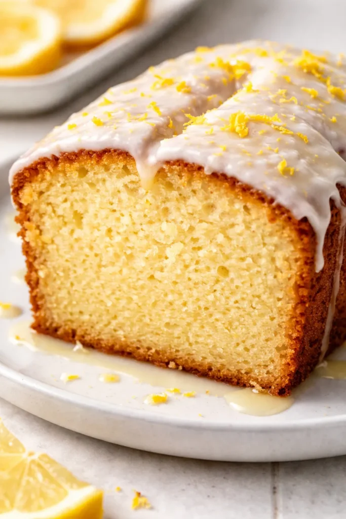 Moist Starbucks copycat lemon loaf with syrup soak, golden crumb, and white glaze drizzled on top