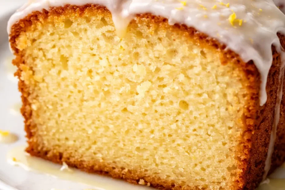 Moist Starbucks copycat lemon loaf with syrup soak, golden crumb, and white glaze drizzled on top