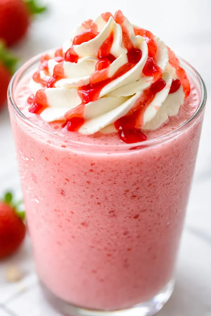 Creamy pink strawberry frappe topped with whipped cream and strawberry sauce, a copycat Starbucks drink.