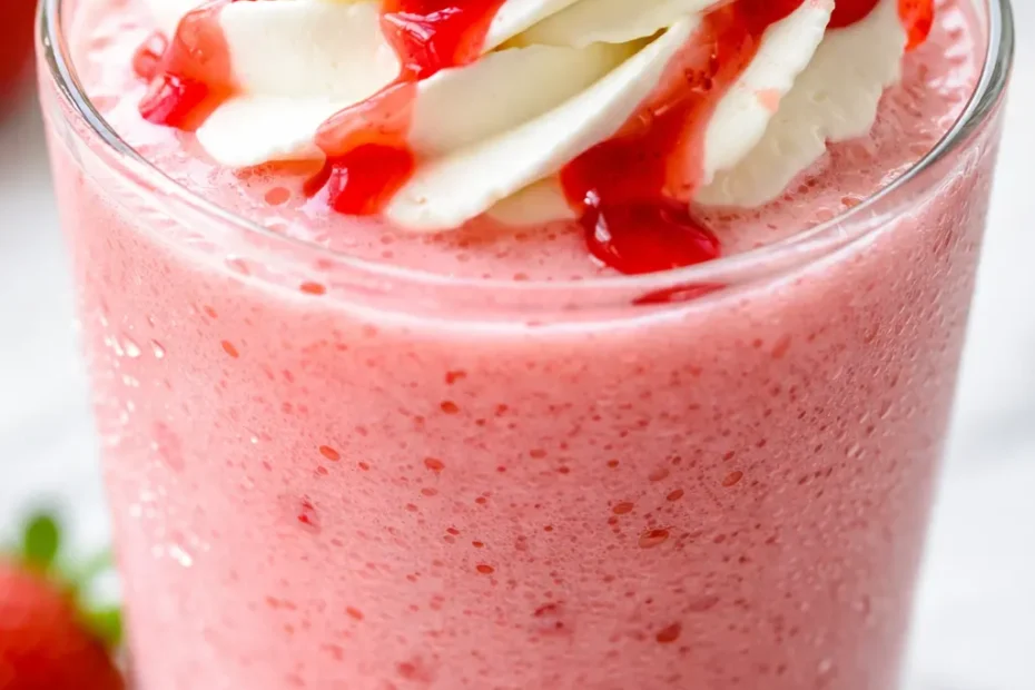 Creamy pink strawberry frappe topped with whipped cream and strawberry sauce, a copycat Starbucks drink.