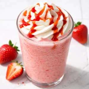 Blending frozen strawberries and milk into a creamy pink Starbucks-style strawberry frappe with a thick, smooth texture.