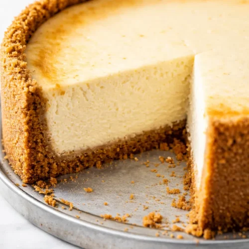 A decadent slice of strawberry crunch cheesecake with a creamy filling, strawberry swirls, and a golden crumbly topping on a white plate.