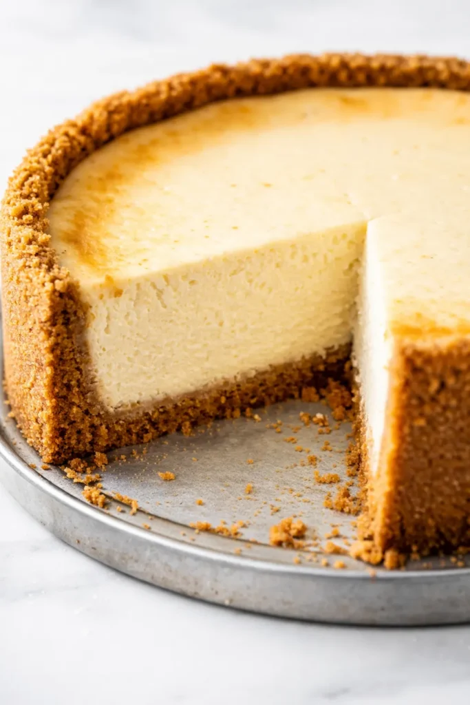 A decadent slice of strawberry crunch cheesecake with a creamy filling, strawberry swirls, and a golden crumbly topping on a white plate.