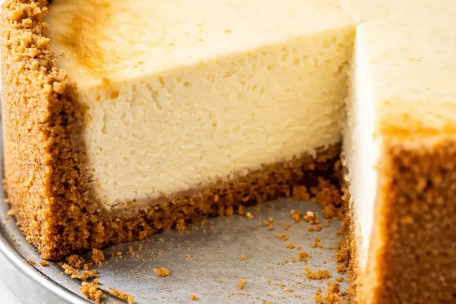 A decadent slice of strawberry crunch cheesecake with a creamy filling, strawberry swirls, and a golden crumbly topping on a white plate.