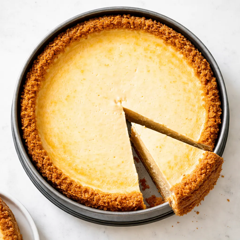 Pouring pink strawberry crunch topping over a smooth, creamy cheesecake with a graham cracker crust.