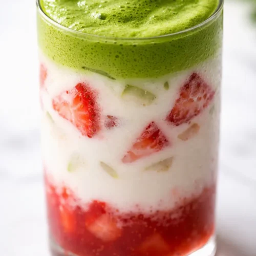 Vibrant strawberry matcha latte with bright green matcha layer, sweet red strawberry puree, and creamy milk in a glass.